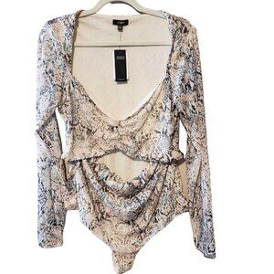 AFRM Neutral Aqua Snake Print Long Sleeve‎ Cutout Bodysuit Size XL